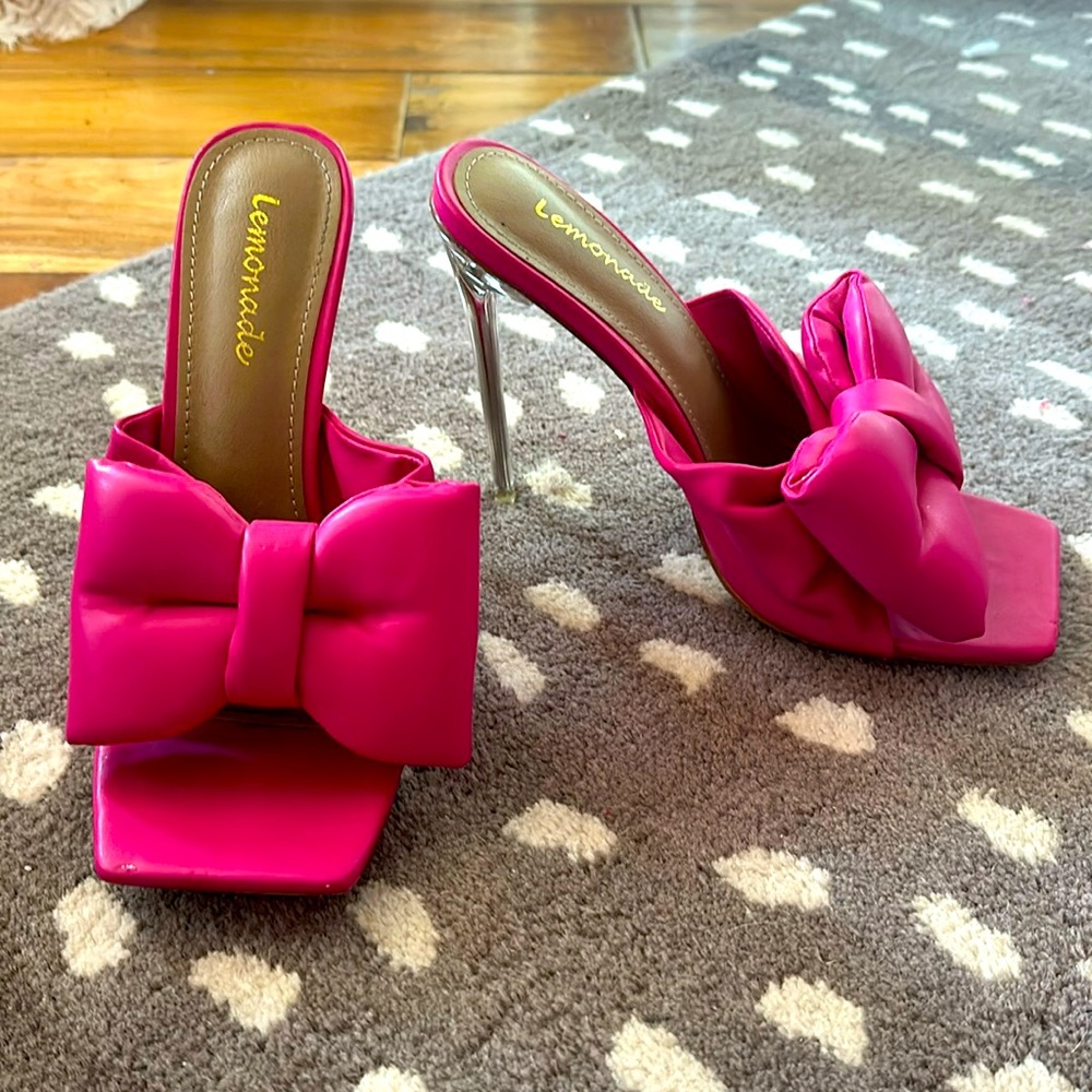 Hot pink, puffy, bow, spike heel pumps 7